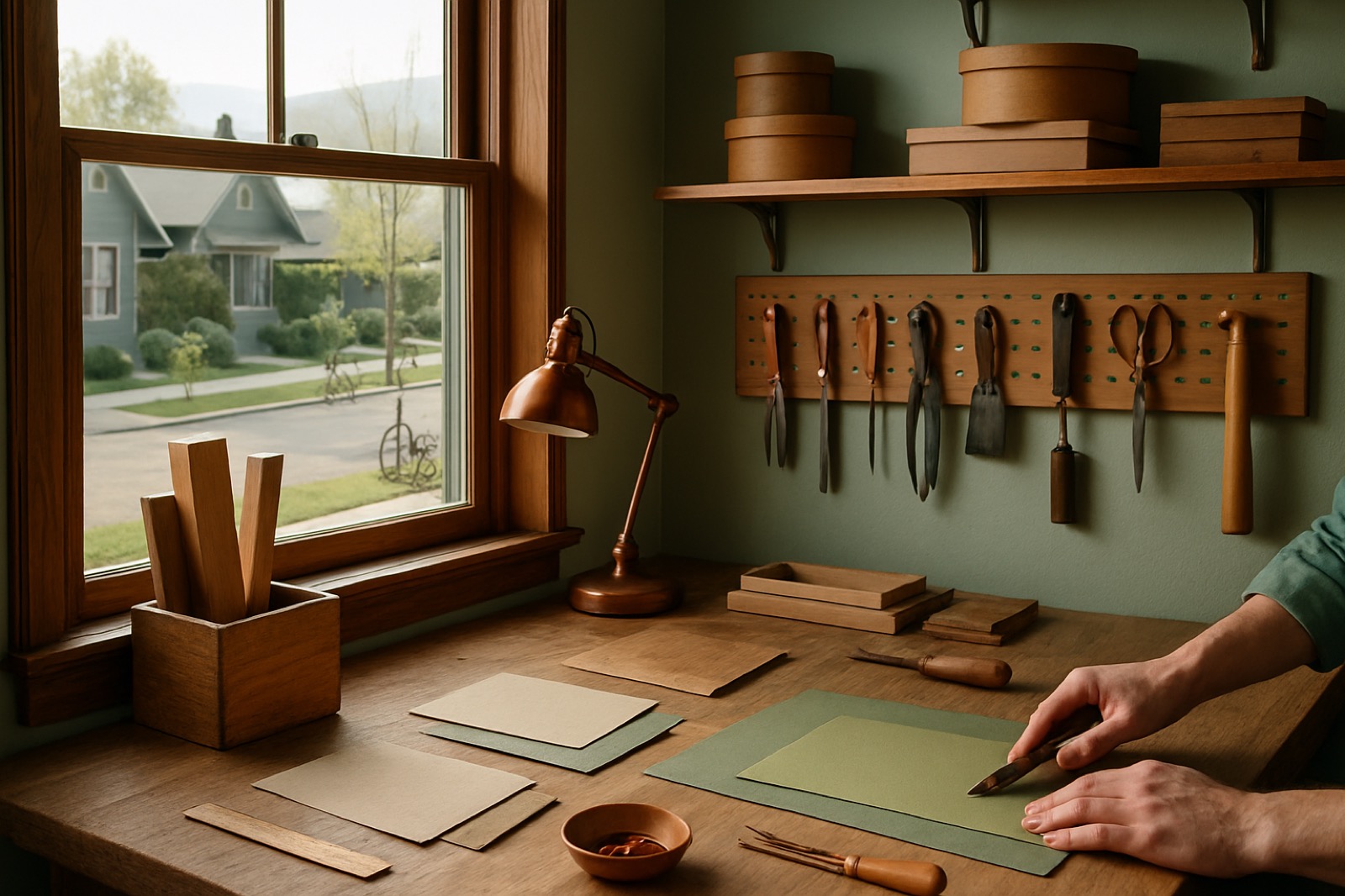 A maker's workbench by a window — a copper lamp, hand tools on a rack, and a sage cutting mat.